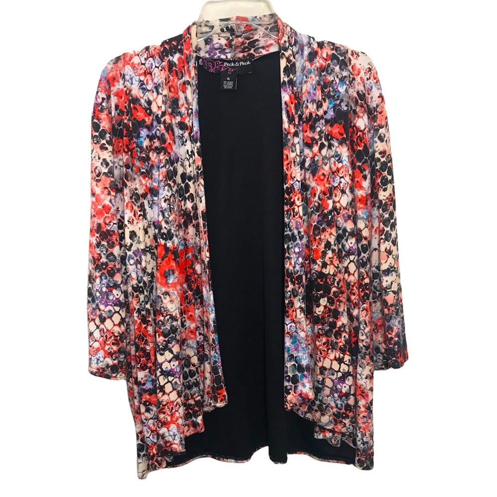 Peck & Peck XL waterfall cascade open front cardigan duster jacket animal print